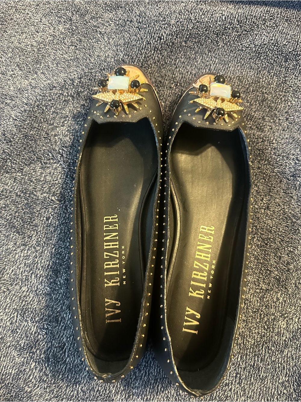 Ivy Kirzhner Black Leather Jewel-Embellished Flats